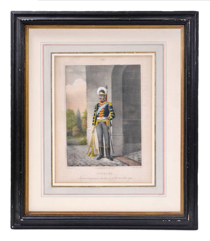 A fine hand-coloured lithograph, heightened with gold, showing Russian Officers by Jules Renard Draner.