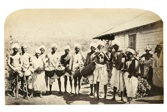 An albumen print with very good tonal range and in good condition circa 1870 showing Sinhalese musicians.