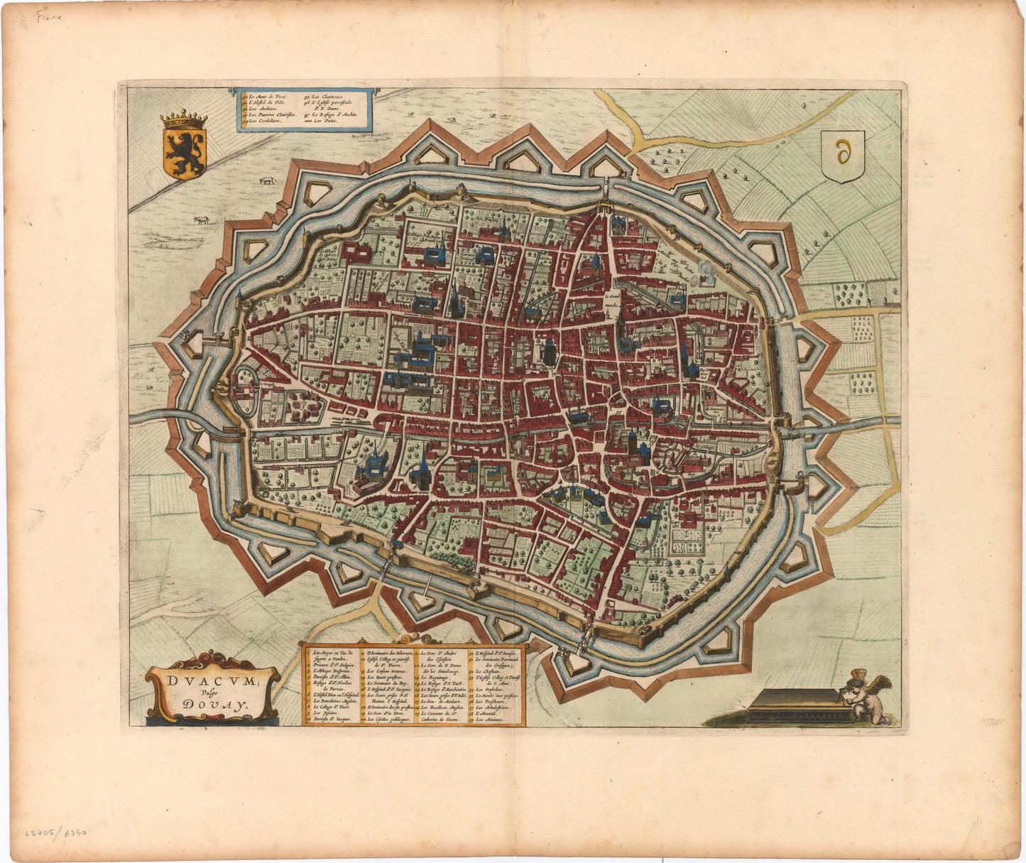 Hand-coloured, double-page engraved map of Douay from Blaeu's townbook of the southern Netherlands, first published in 1649. 