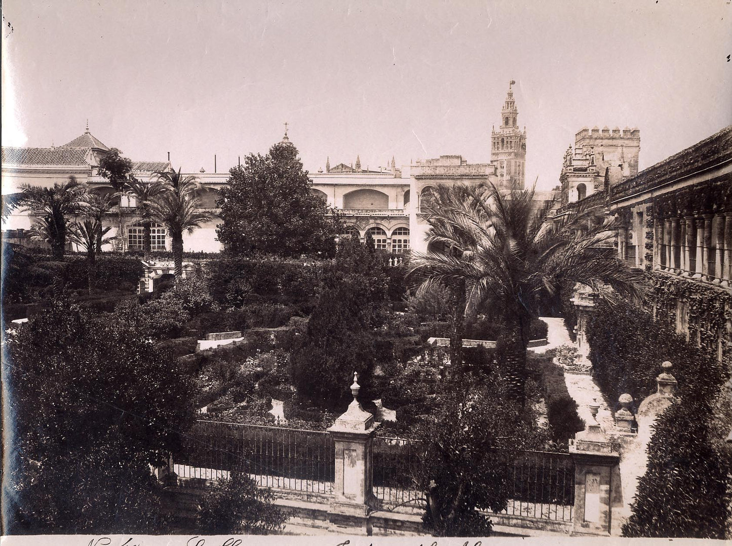 [Gardens of Alcazar in the Palace of Seville, with palace in background].