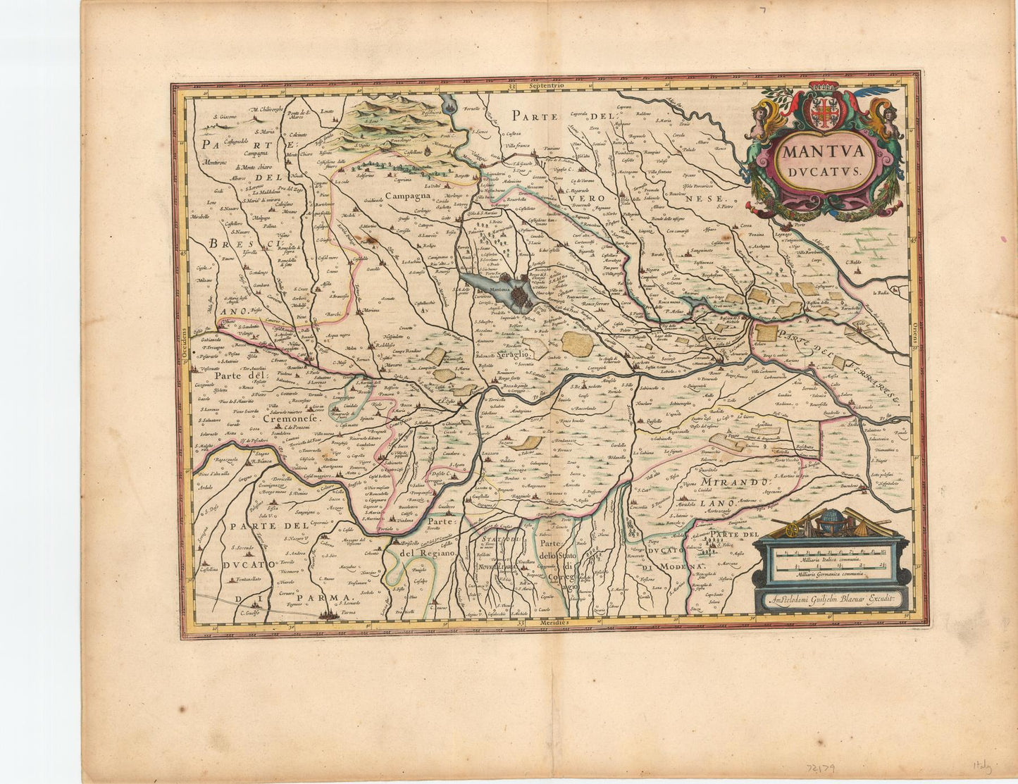 A fine Italian map centred on the Lombardian city of Mantua, and its surrounds by William Blaeu from his German edition of the 'Novus Atlas'. 