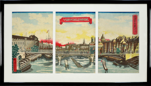 Oban Ukiyo-e (woodblock) triptych, printed in colours on rice paper.