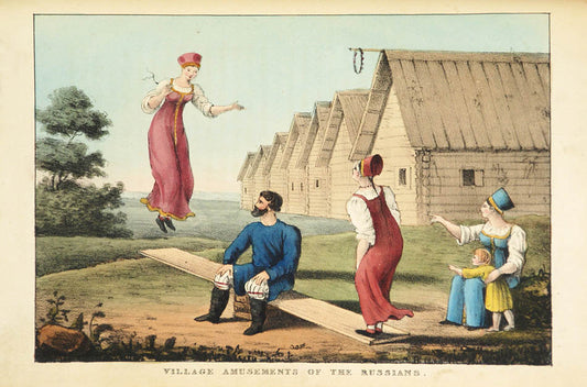 this work shows the people described leading their everyday lives, for example in a national dance, playing a moujik game, etc.