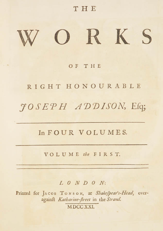 A very handsome set of this 4 volume large paper copy of the Works of Joseph Addison, printed by Tonson in London, 1721, bound in contemporary red morocco 