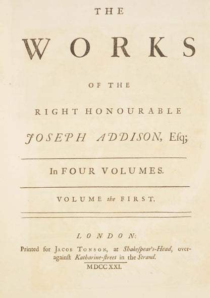 A very handsome set of this 4 volume large paper copy of the Works of Joseph Addison, printed by Tonson in London, 1721, bound in contemporary red morocco 
