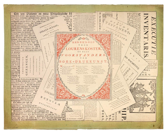 Letter-press trompe-l'oeil, printed in red and black within a green-washed border, 50 x 61 cm., unframed. 