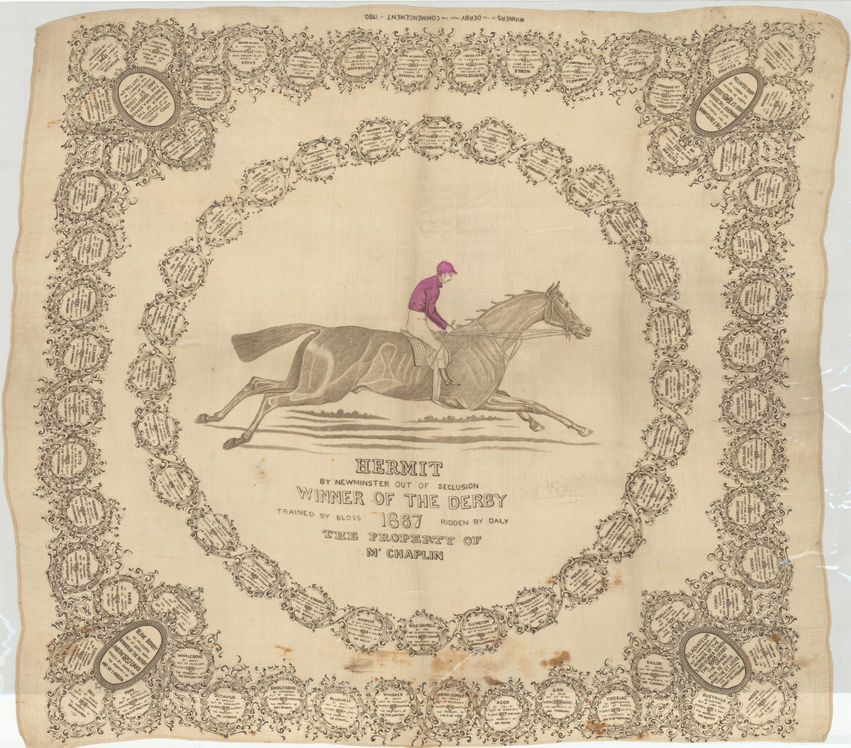 A pair of engravings on silk showing the racehorses Hermit and Lord Lyon, winners of the Derby in 1867 and 1866.