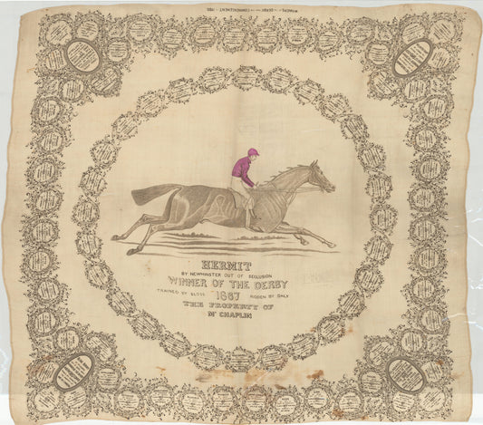 A pair of engravings on silk showing the racehorses Hermit and Lord Lyon, winners of the Derby in 1867 and 1866.
