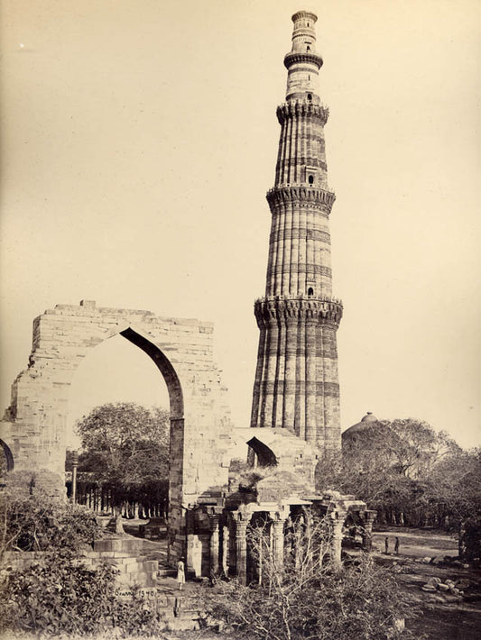 The Qutb Minar, with the great arch, from the west, Delhi, Uttar Pradesh.
