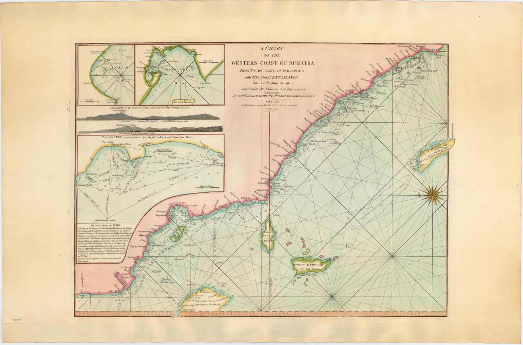 Hand-coloured engraved sea chart of the Western coast of Sumatra, from Touroumane to Indrapour with the Adjacent Islands from the Neptune Oriental. 
