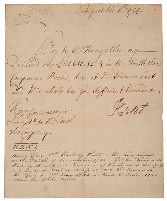 An autograph letter of Henry Grey, Duke of Kent signed to Charles Lockyer, comptroller of the South Sea Company.