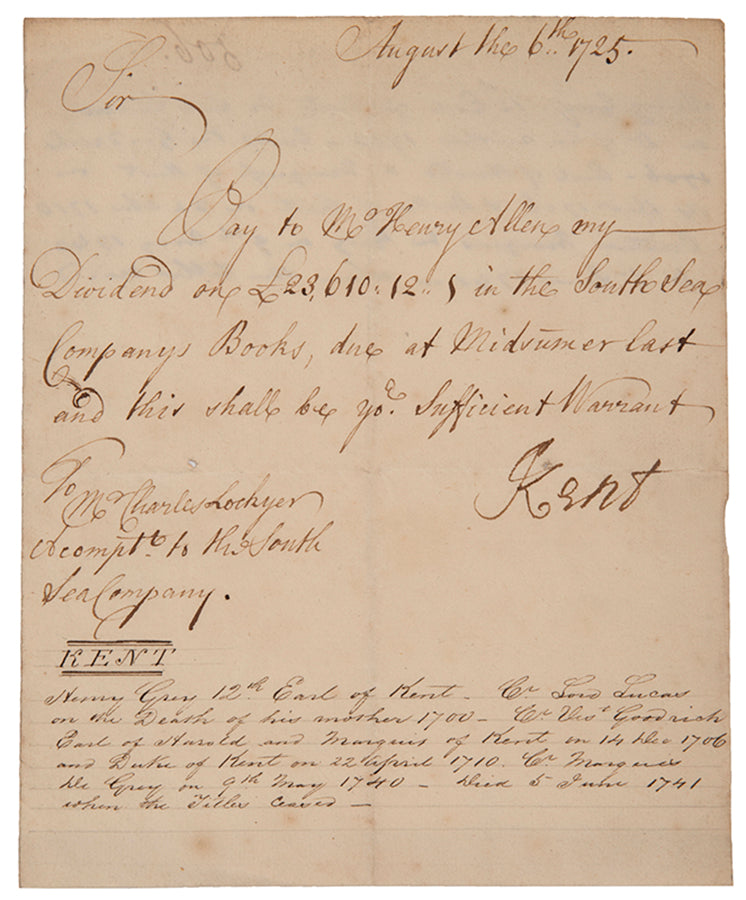 An autograph letter of Henry Grey, Duke of Kent signed to Charles Lockyer, comptroller of the South Sea Company.