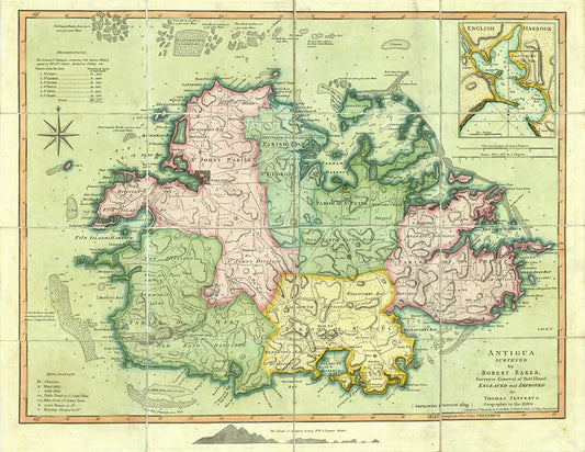 Unrecorded state of this important map of Antigua, here in beautiful fresh condition with the finest contemporary hand-colouring.  Not recorded by Tooley.