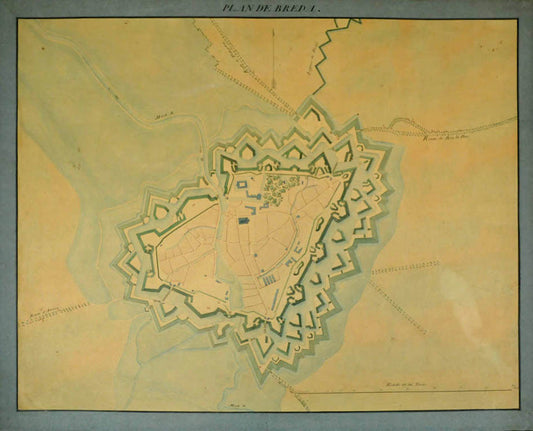 A rare 18th c. manuscript plan of Breda, a fortified city of strategic military and political significance but mostly mapped in the 17th century. 