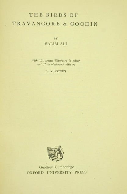 The standard field guide to the birds of the southern India state of Travncore Cochin by the noted Indian ornithologist known as 'the birdman of India'.