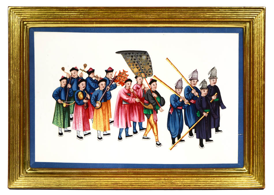 A group of watercolour and gouache studies on pith paper showing twelve processions, framed by blue silk ribbon