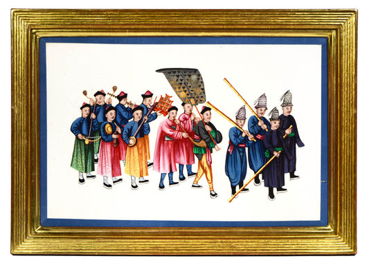A group of watercolour and gouache studies on pith paper showing twelve processions, framed by blue silk ribbon