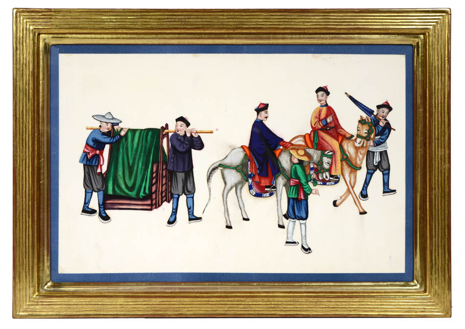 A group of watercolour and gouache studies on pith paper showing twelve processions, framed by blue silk ribbon