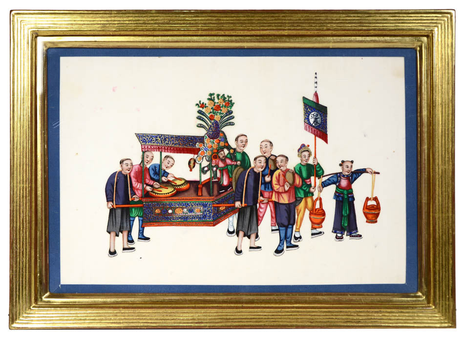 A group of watercolour and gouache studies on pith paper showing twelve processions, framed by blue silk ribbon