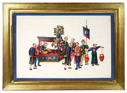 A group of watercolour and gouache studies on pith paper showing twelve processions, framed by blue silk ribbon