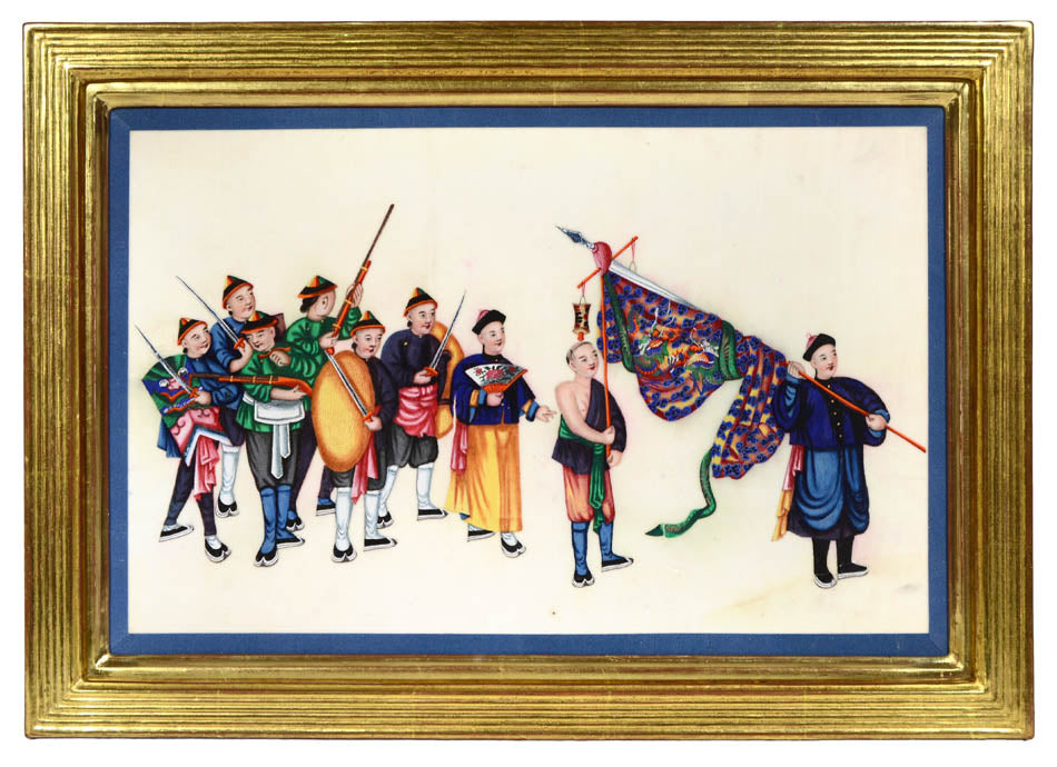 A group of watercolour and gouache studies on pith paper showing twelve processions, framed by blue silk ribbon