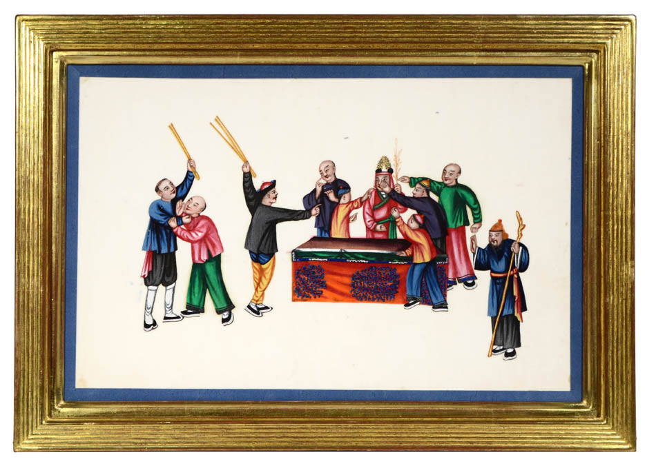 A group of watercolour and gouache studies on pith paper showing twelve processions, framed by blue silk ribbon