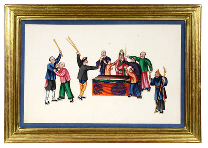 A group of watercolour and gouache studies on pith paper showing twelve processions, framed by blue silk ribbon