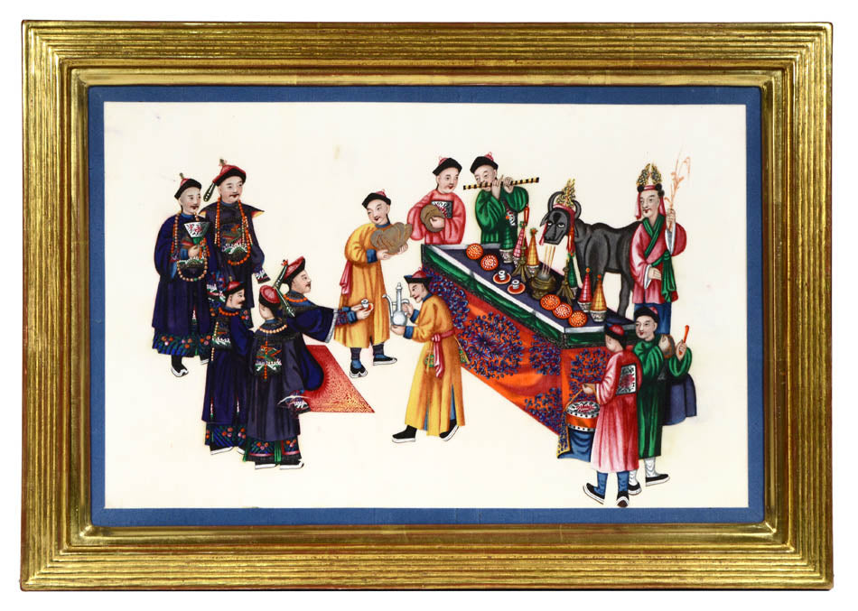 A group of watercolour and gouache studies on pith paper showing twelve processions, framed by blue silk ribbon