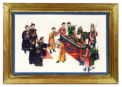 A group of watercolour and gouache studies on pith paper showing twelve processions, framed by blue silk ribbon
