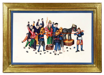 A group of watercolour and gouache studies on pith paper showing twelve processions, framed by blue silk ribbon