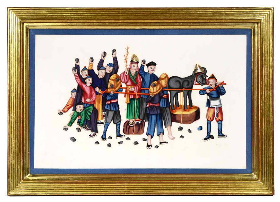 A group of watercolour and gouache studies on pith paper showing twelve processions, framed by blue silk ribbon