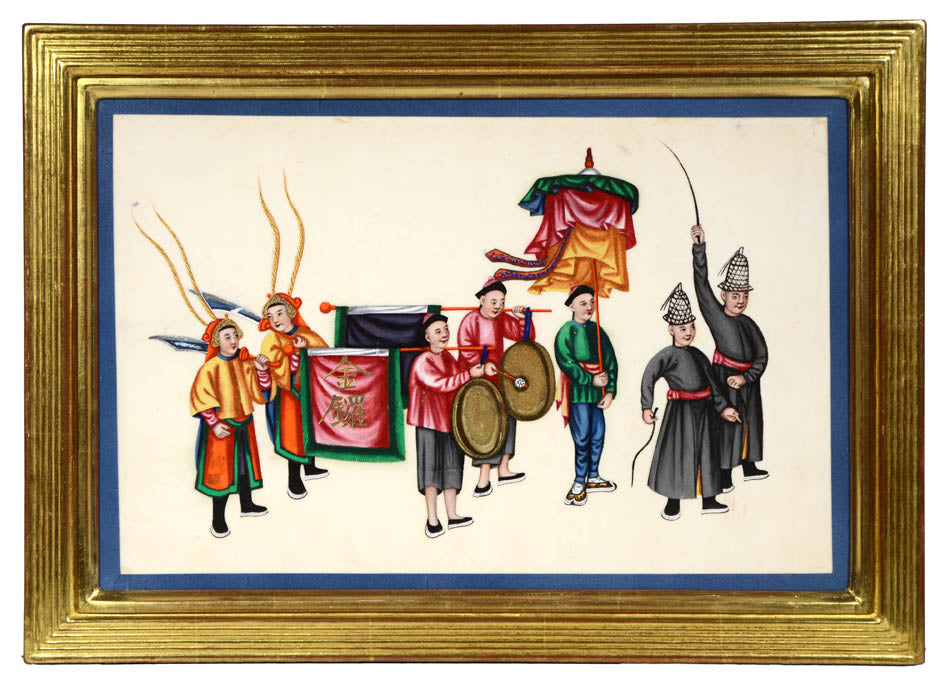 A group of watercolour and gouache studies on pith paper showing twelve processions, framed by blue silk ribbon