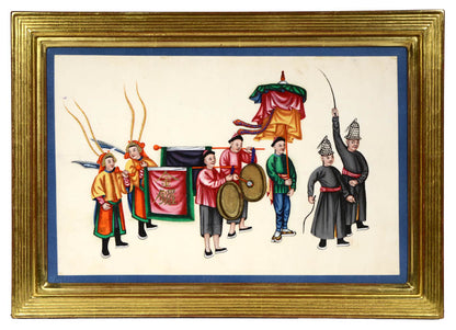 A group of watercolour and gouache studies on pith paper showing twelve processions, framed by blue silk ribbon