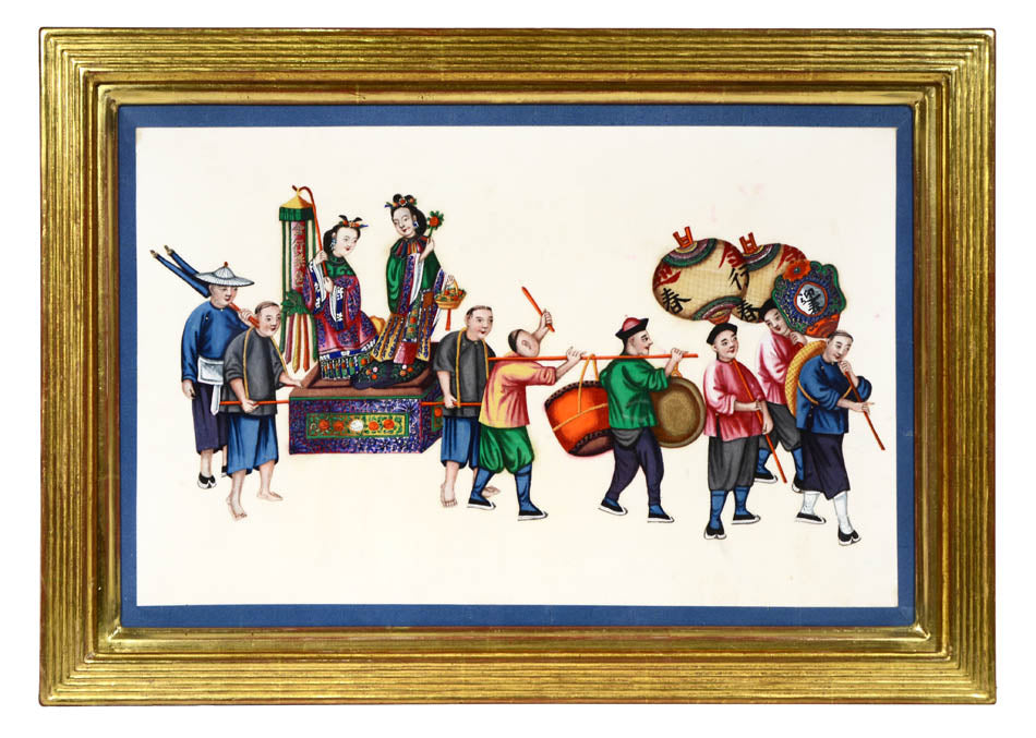 A group of watercolour and gouache studies on pith paper showing twelve processions, framed by blue silk ribbon
