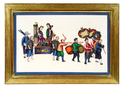 A group of watercolour and gouache studies on pith paper showing twelve processions, framed by blue silk ribbon