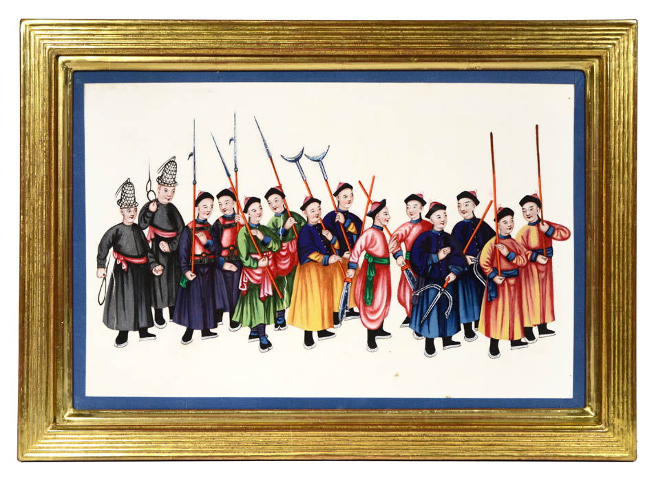 A group of watercolour and gouache studies on pith paper showing twelve processions, framed by blue silk ribbon