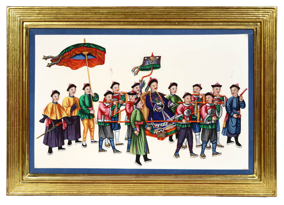 A group of watercolour and gouache studies on pith paper showing twelve processions, framed by blue silk ribbon