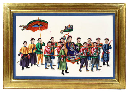 A group of watercolour and gouache studies on pith paper showing twelve processions, framed by blue silk ribbon