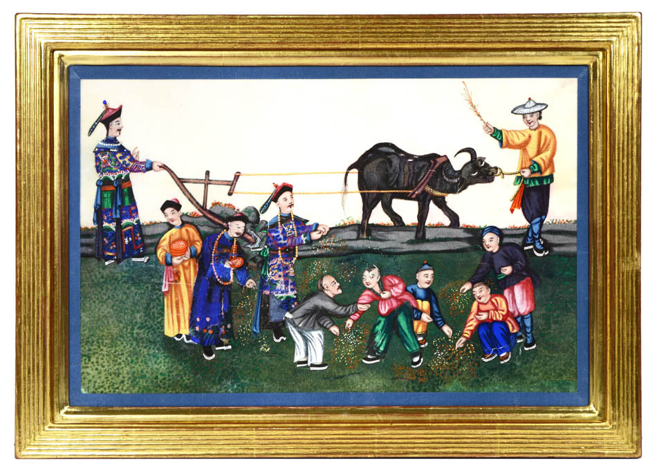 A group of watercolour and gouache studies on pith paper showing twelve processions, framed by blue silk ribbon