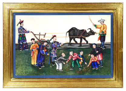 A group of watercolour and gouache studies on pith paper showing twelve processions, framed by blue silk ribbon