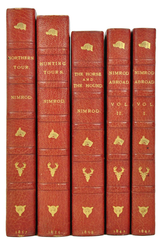 Comprising Hunting Tours; Nimrod abroad; Northern Tour; The Horse and the Hound, uniform red half morocco for Hatchards, gilt hunting motifs to spines.