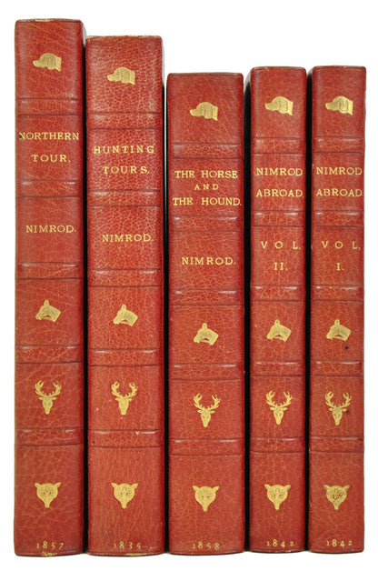 Comprising Hunting Tours; Nimrod abroad; Northern Tour; The Horse and the Hound, uniform red half morocco for Hatchards, gilt hunting motifs to spines.