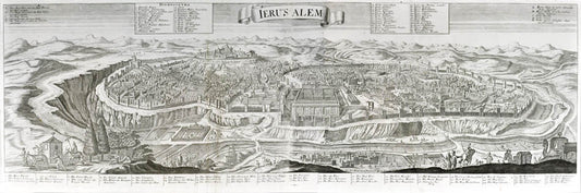 View of Jerusalem, key in Latin and German. Panoramic view of Biblical Jerusalem.<br />