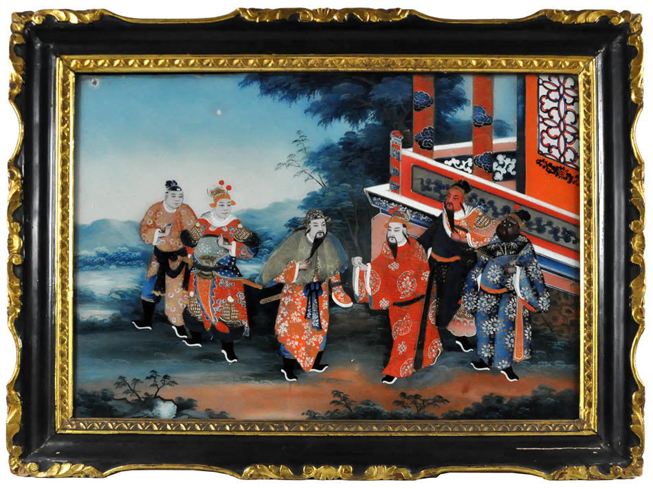 Still in their original frame, this pair of finely painted pictures depict scenes from the 14th century epic "Sanguo Yanyi" "Romance of the Three Kingdoms"