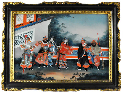 Still in their original frame, this pair of finely painted pictures depict scenes from the 14th century epic "Sanguo Yanyi" "Romance of the Three Kingdoms"
