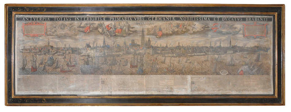 A rare and finely engraved prospect of Antwerp viewed from the Scheldt, first published by Vrients in 1610, under a privilege issued by Archduke of Austria