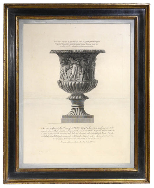 Group of four etchings of large vases by Piranesi, published in Rome in 1791.