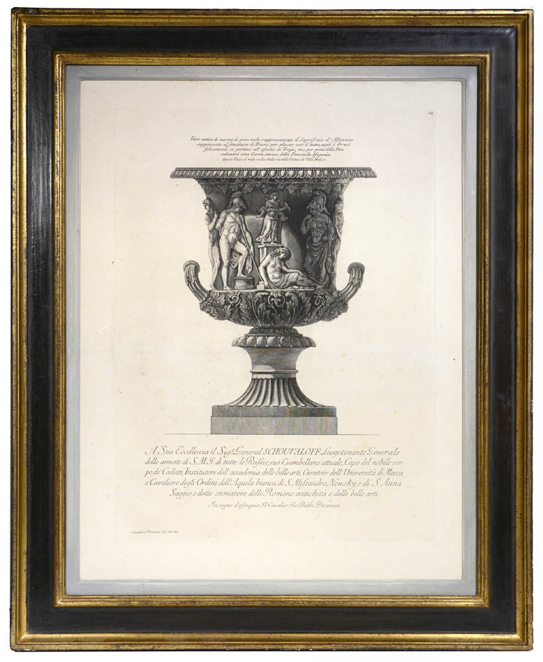 Group of four etchings of large vases by Piranesi, published in Rome in 1791.