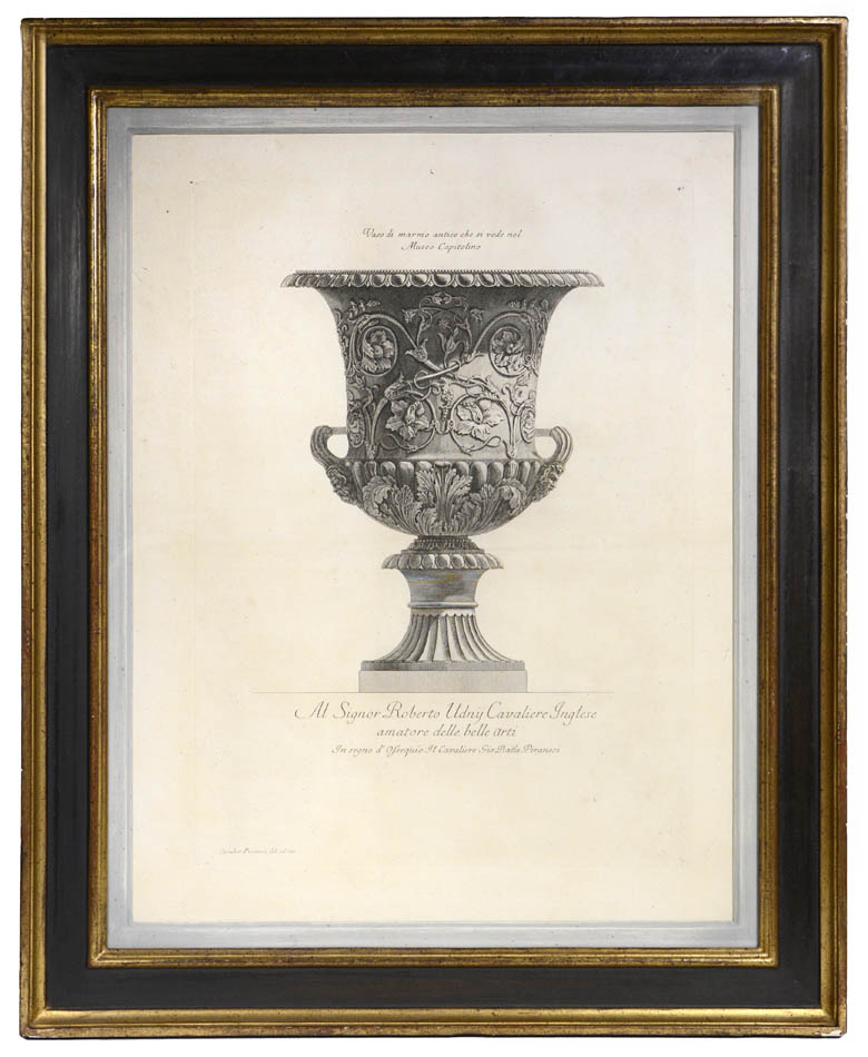 Group of four etchings of large vases by Piranesi, published in Rome in 1791.