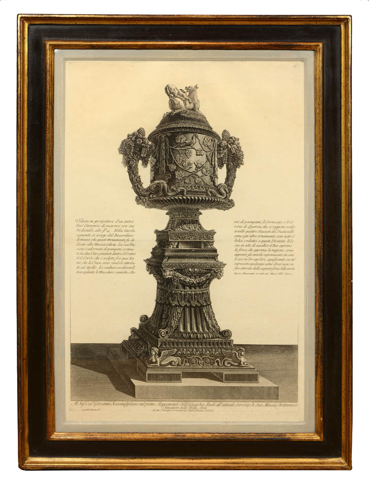 Group of four etchings of large vases by Piranesi, published in Rome in 1791.